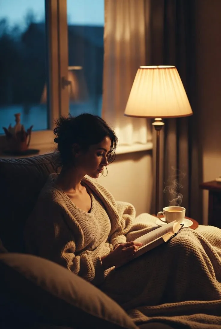 Person relaxing in a dimly lit room after work